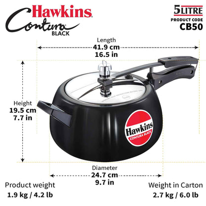 Hawkins Contura Black Pressure Cooker, 5 Litre, Black (CB50)