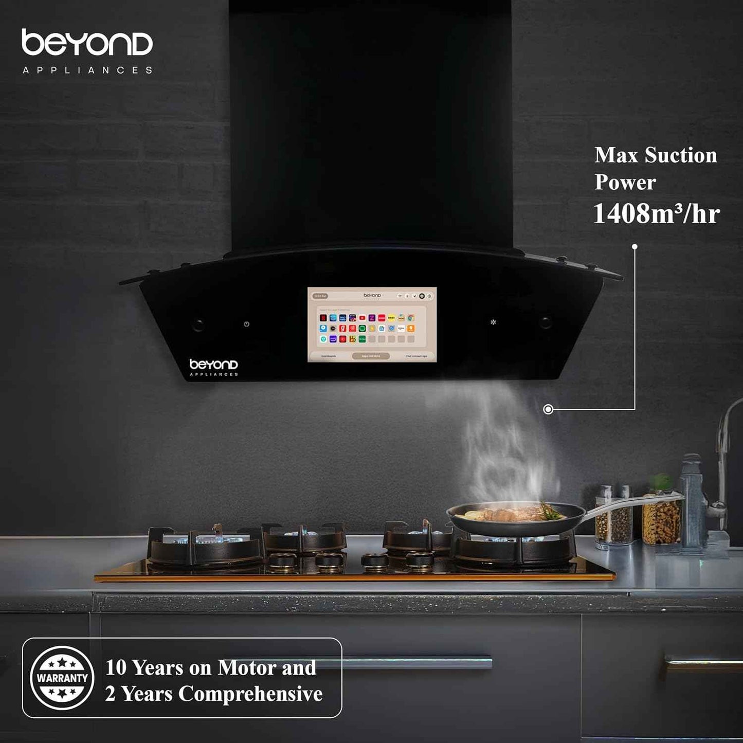 Beyond Appliances Asteria 60cm Auto Clean Kitchen Chimney | 1408 CMH Suction | Filterless | Curved Glass | Smart Screen & Speakers | Touch Control | Black Finish