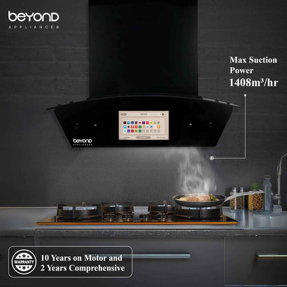 Beyond Appliances Asteria 60cm Auto Clean Kitchen Chimney | 1408 CMH Suction | Filterless | Curved Glass | Smart Screen & Speakers | Touch Control | Black Finish