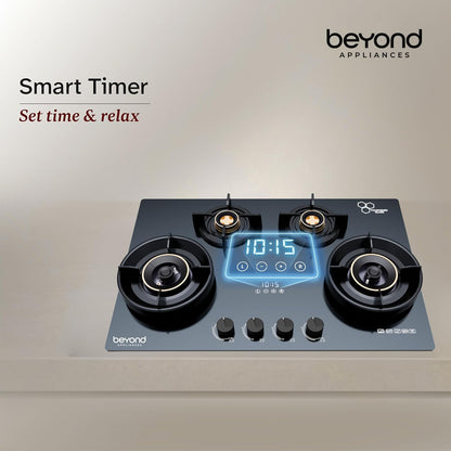 Beyond Appliances Zyra 4 Burner Smart Glass Hobtop Gas Stove | Auto Ignition | Digital Timer | Flame Failure Device | Toughened Glass | LPG & PNG Compatible HOB | PAN India Service Kitchen Etto