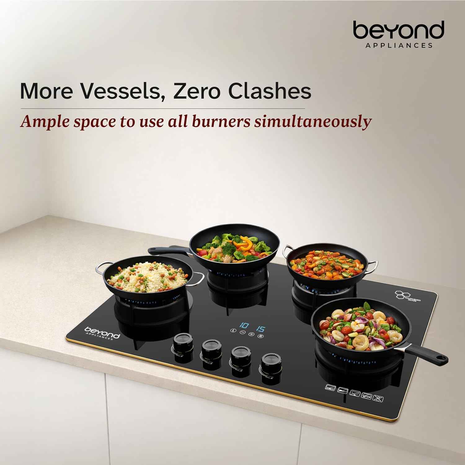 Beyond Appliances Altair Premium 4 Burner Smart Glass Hobtop Gas Stove | Auto Ignition | Digital Timer | Flame Failure Device | Jumbo Burner | Toughened Glass | LPG & PNG Compatible