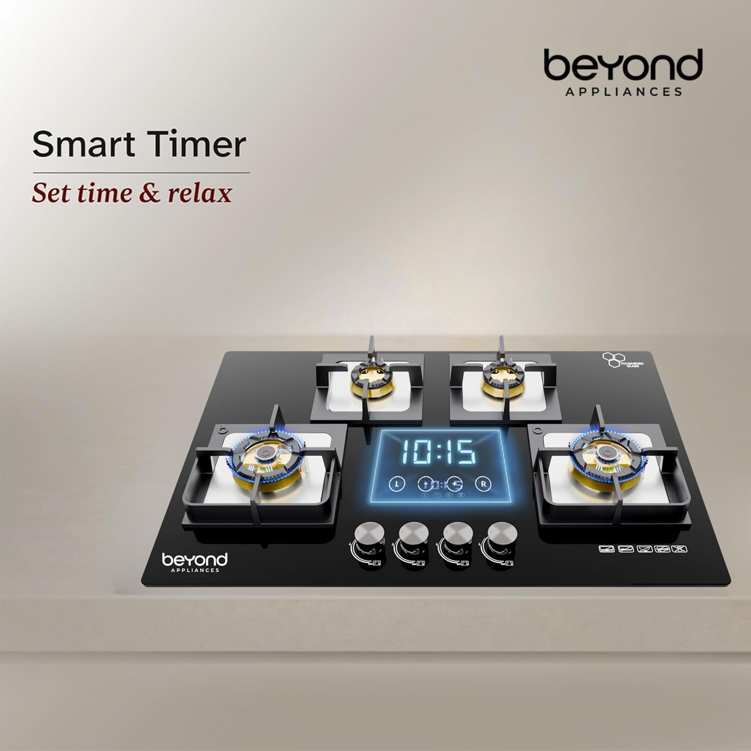 Beyond Appliances Dorado 4 Burner Smart Glass Hobtop Gas Stove | Auto Ignition | Digital Timer | Flame Failure Device | Toughened Glass | LPG & PNG Compatible Kitchen Etto