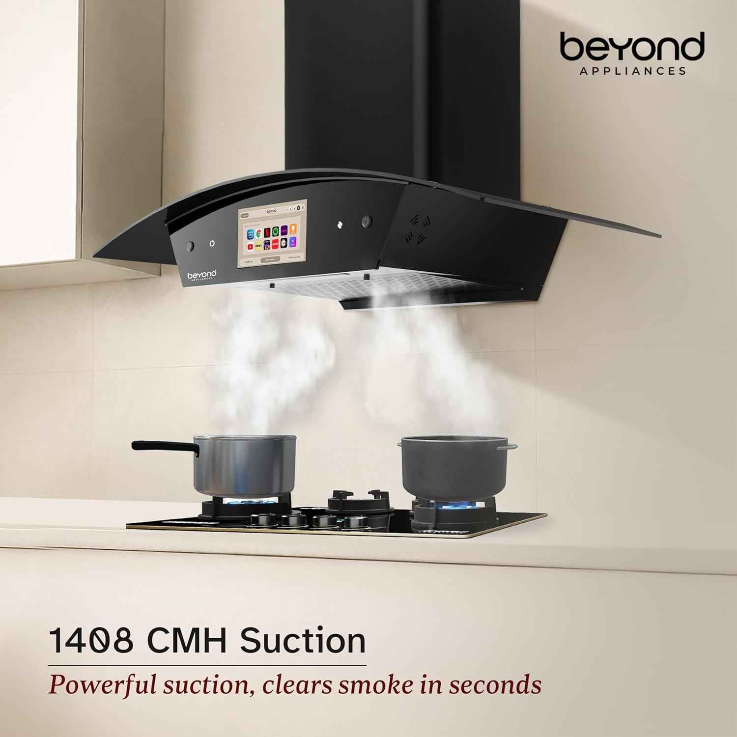 Beyond Appliances Asteria 90cm Auto Clean Kitchen Chimney | 1408 CMH Suction | Filterless | Curved Glass | Smart Screen & Speakers | Touch Control | Black Finish