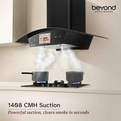 Beyond Appliances Asteria 90cm Auto Clean Kitchen Chimney | 1408 CMH Suction | Filterless | Curved Glass | Smart Screen & Speakers | Touch Control | Black Finish