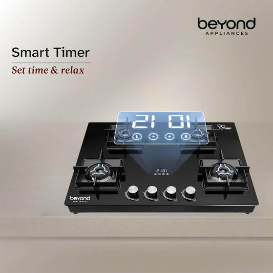 Beyond Appliances Solaria Premium 4 Burner Smart Gas Stove | Auto Ignition | Digital Timer | Flame Failure Device | Toughened Glass | ISI Certified | LPG & PNG Compatible Cooktop | PAN India Service Kitchen Etto
