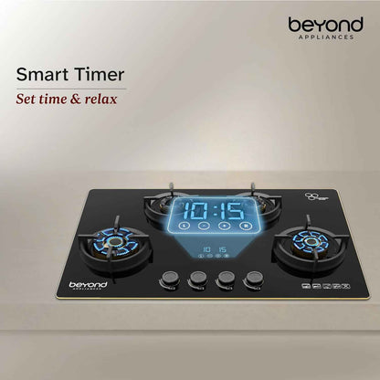 Beyond Appliances Altair Premium 4 Burner Smart Glass Hobtop Gas Stove | Auto Ignition | Digital Timer | Flame Failure Device | Jumbo Burner | Toughened Glass | LPG & PNG Compatible