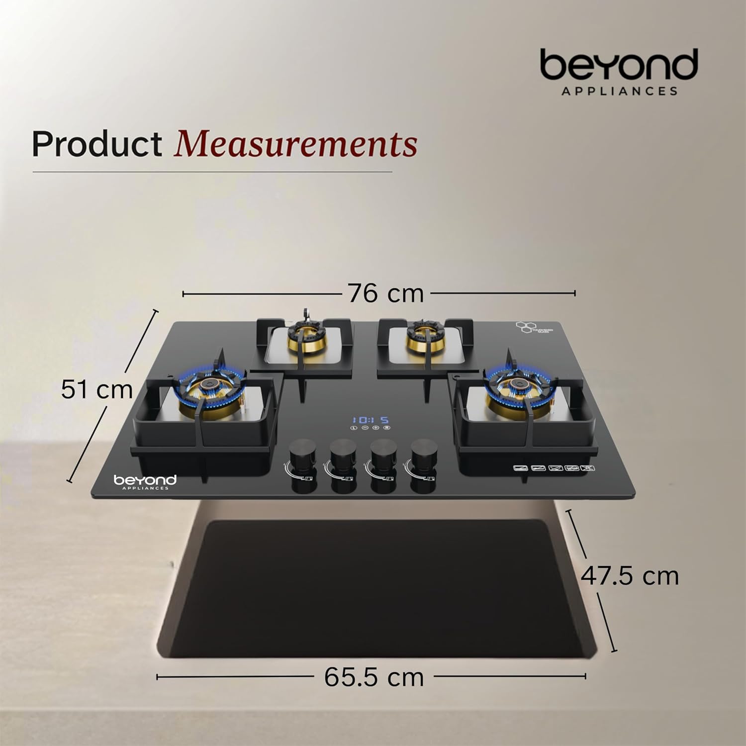 Beyond Appliances Dorado 4 Burner Smart Glass Hobtop Gas Stove | Auto Ignition | Digital Timer | Flame Failure Device | Toughened Glass | LPG & PNG Compatible Kitchen Etto