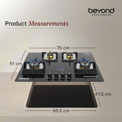 Beyond Appliances Dorado 4 Burner Smart Glass Hobtop Gas Stove | Auto Ignition | Digital Timer | Flame Failure Device | Toughened Glass | LPG & PNG Compatible Kitchen Etto