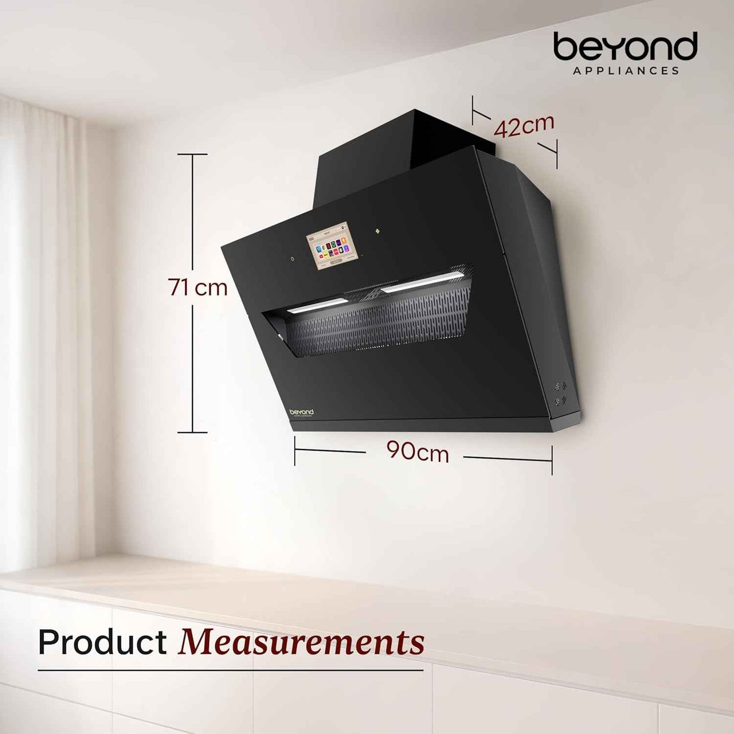 Beyond Appliances Eris 90cm Auto Clean Slant Kitchen Chimney | 1500 CMH Suction | Filterless | Smart Touchscreen Display | Touch Control | Black | PAN INDIA SERVICE| BA-SL-ER-AD-90-CH-001