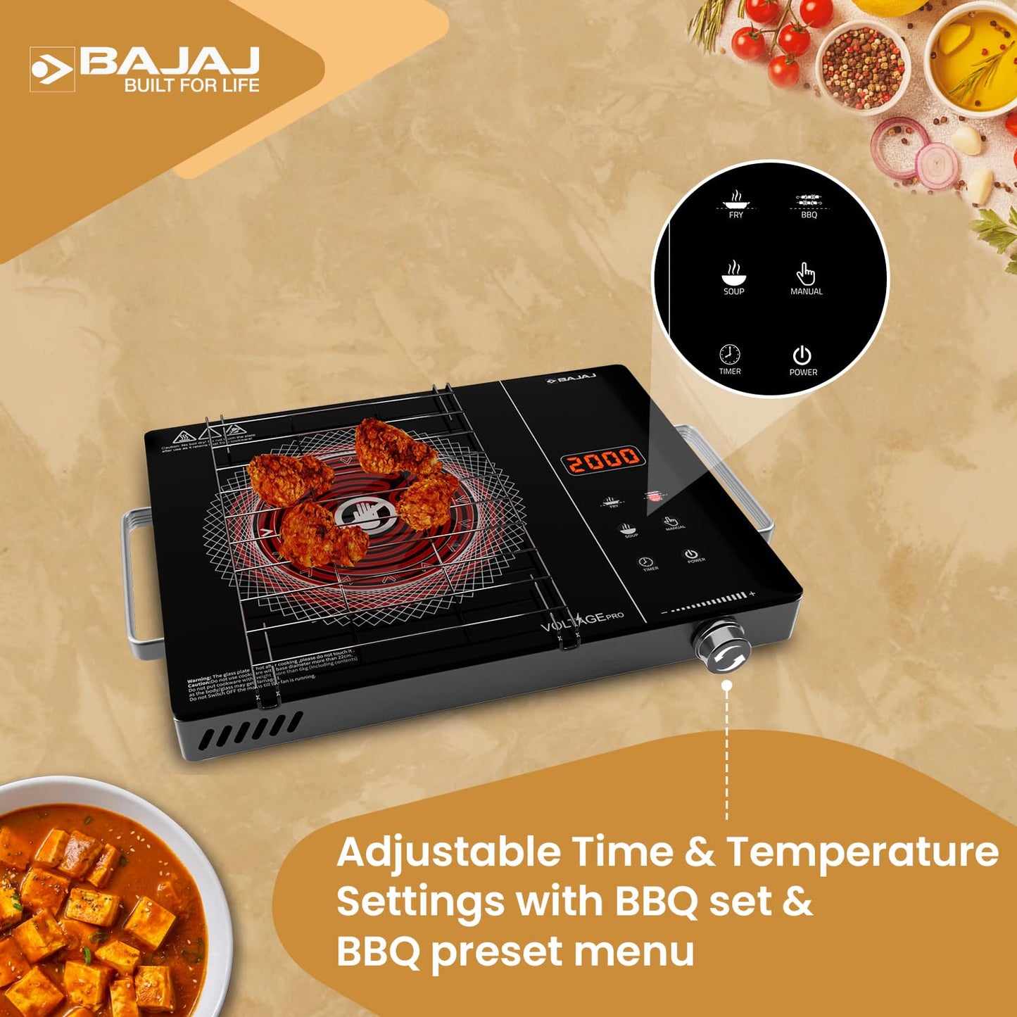 Bajaj IRX 220F Infrared Induction Cooktop | 2200 Watts | 11 Power Level | 3 Preset Menu | Feather Touch Controls | Digital display | 1 Year Warranty 【Black/Silver】