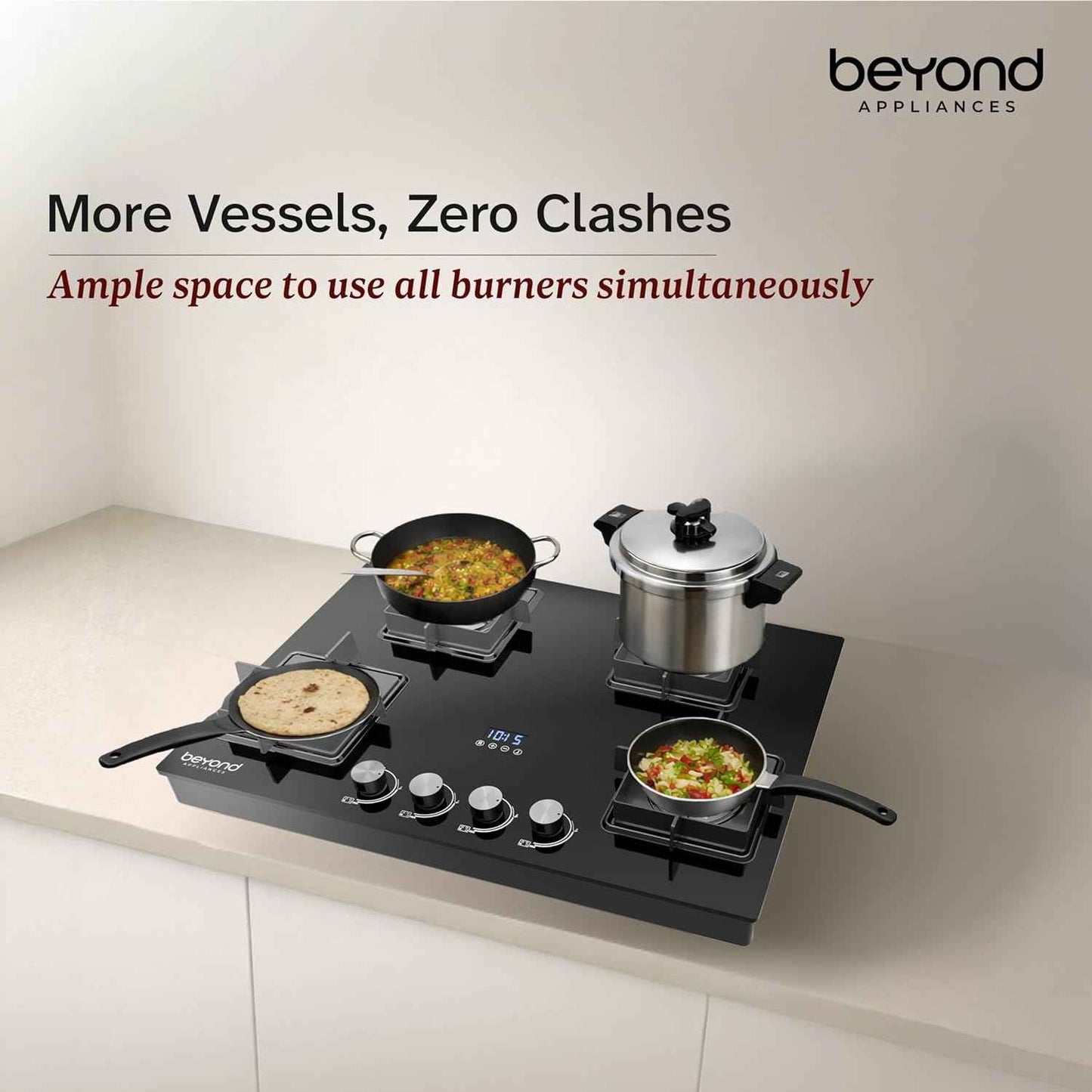 Beyond Appliances Solaria Premium 4 Burner Smart Gas Stove | Auto Ignition | Digital Timer | Flame Failure Device | Toughened Glass | ISI Certified | LPG & PNG Compatible Cooktop | PAN India Service