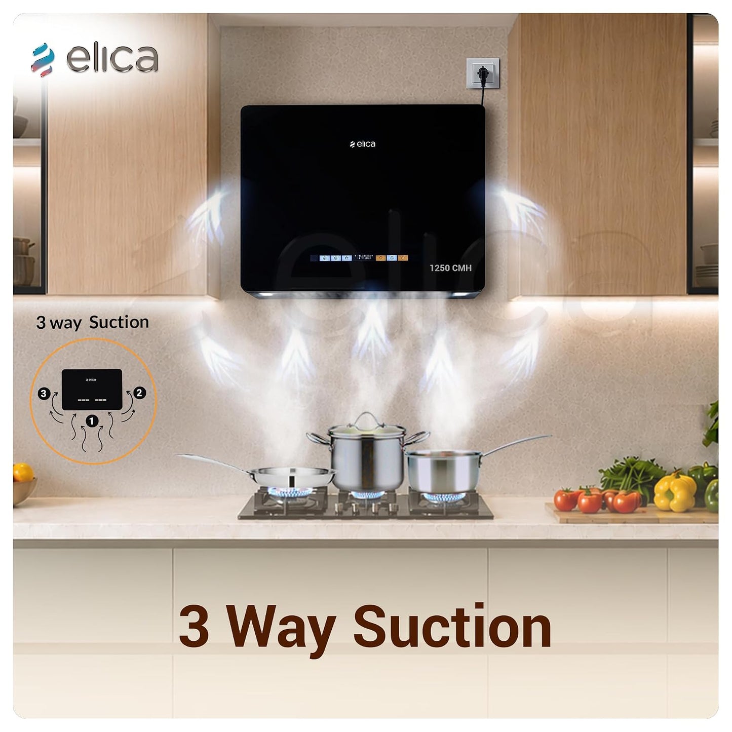 Elica Kitty Plug N Play 60cm 1250 m3/hr Ductless Autoclean Kitchen Chimney | Baffle + Air Recycle Filter | 15 Year Motor + 5 Yr Filter Warranty| 3-way Suction| 48db| RPM Display| Touch + Motion Sensor Kitchen Etto