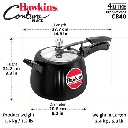 Hawkins 4 Litre Contura Black Pressure Cooker, Hard Anodised Inner Lid Cooker, Handi Cooker, Black (Cb40), 4 Liter