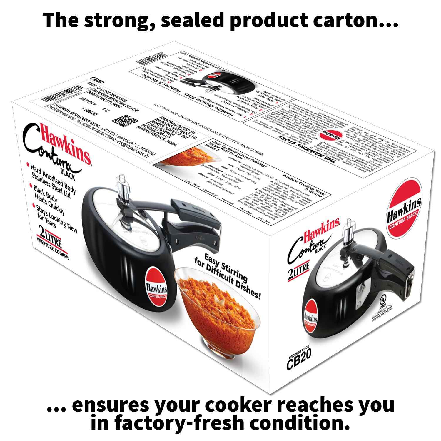 Hawkins 2 Litre Contura Black Pressure Cooker, Hard Anodised Inner Lid Cooker, Handi Cooker, Black (CB20)