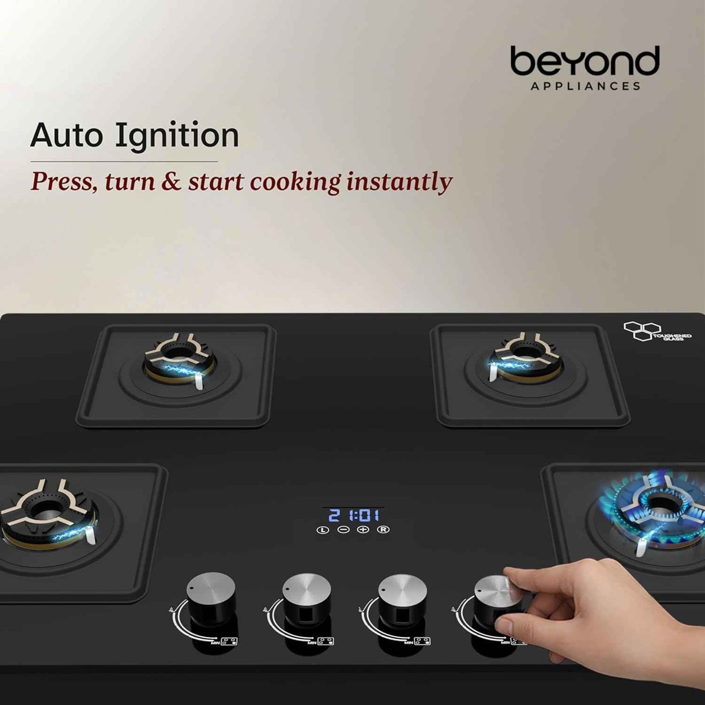 Beyond Appliances Solaria Premium 4 Burner Smart Gas Stove | Auto Ignition | Digital Timer | Flame Failure Device | Toughened Glass | ISI Certified | LPG & PNG Compatible Cooktop | PAN India Service