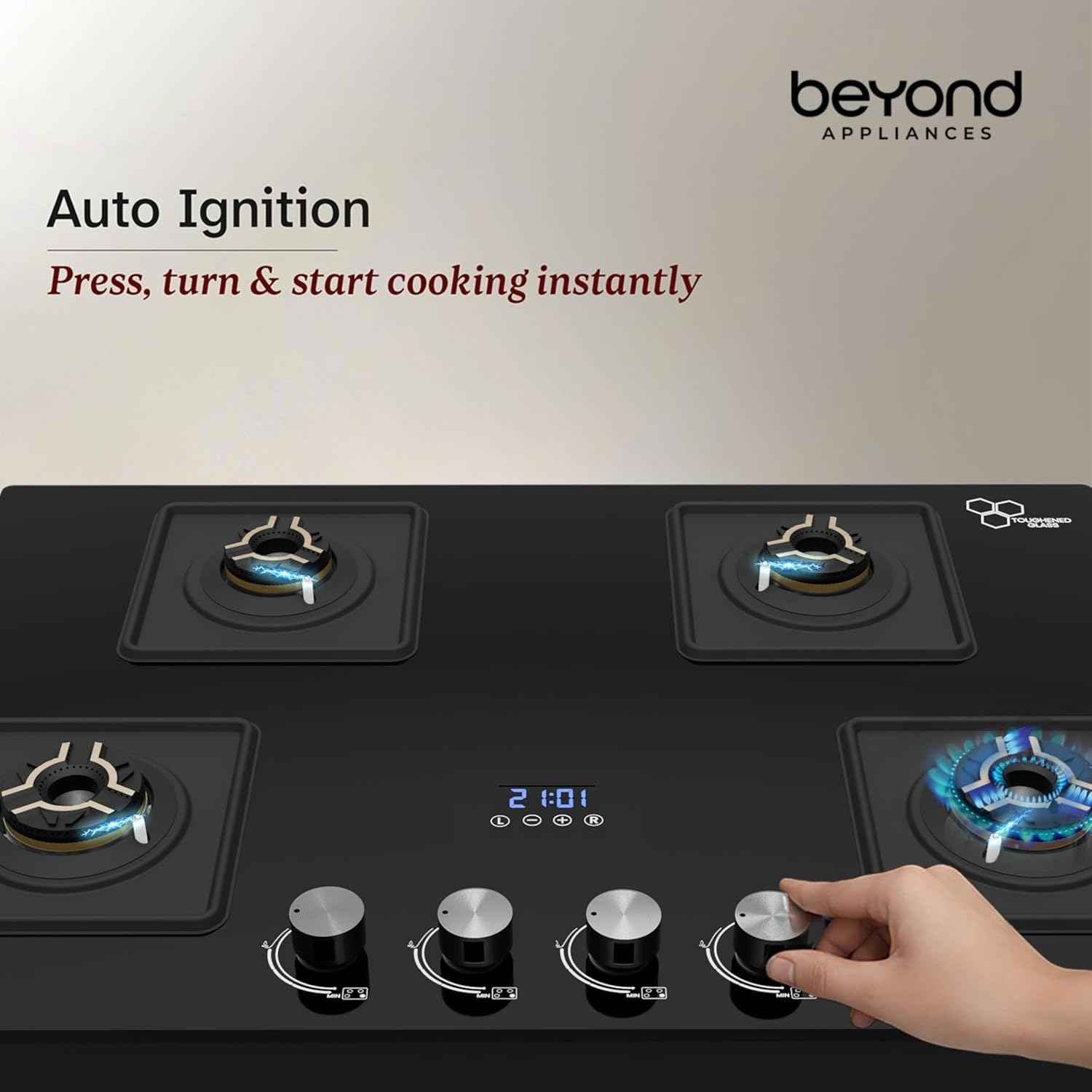 Beyond Appliances Solaria Premium 4 Burner Smart Gas Stove | Auto Ignition | Digital Timer | Flame Failure Device | Toughened Glass | ISI Certified | LPG & PNG Compatible Cooktop | PAN India Service