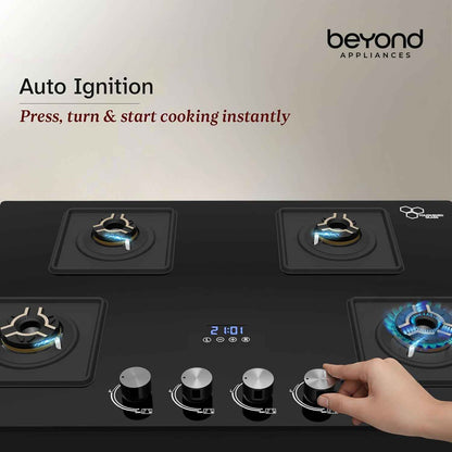 Beyond Appliances Solaria Premium 4 Burner Smart Gas Stove | Auto Ignition | Digital Timer | Flame Failure Device | Toughened Glass | ISI Certified | LPG & PNG Compatible Cooktop | PAN India Service