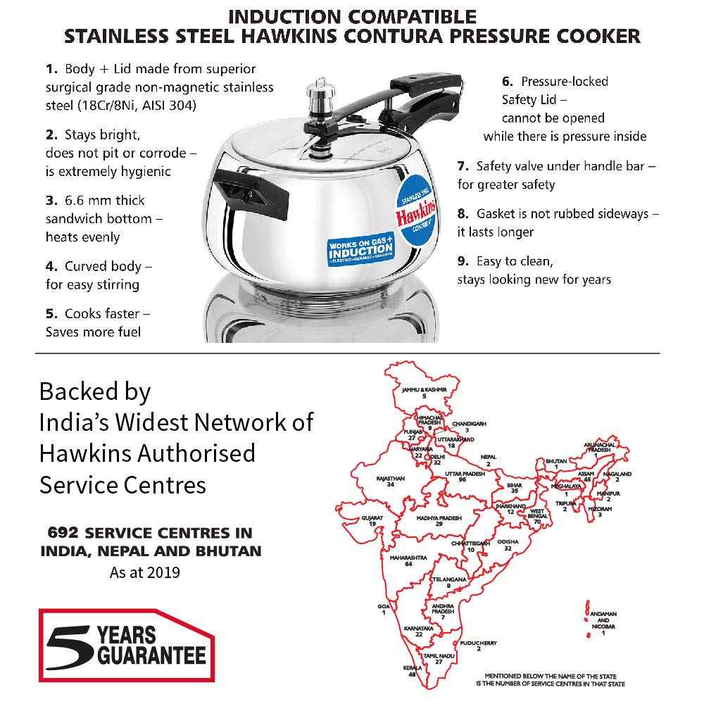Hawkins 5 Litre Contura Pressure Cooker, Stainless Steel Inner Lid Cooker, Induction Cooker, Silver (SSC50)