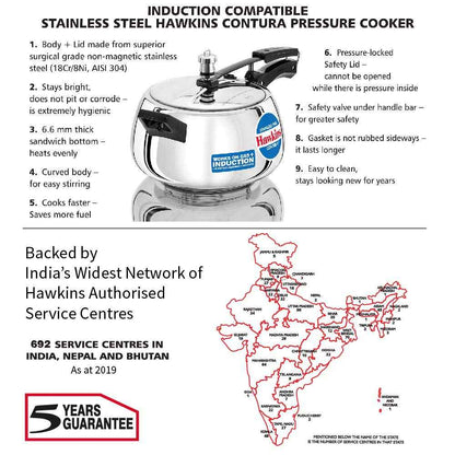 Hawkins 5 Litre Contura Pressure Cooker, Stainless Steel Inner Lid Cooker, Induction Cooker, Silver (SSC50)