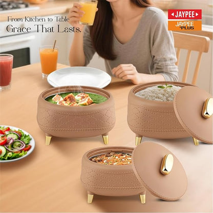 JAYPEE Kingston Klass Stitched Leather Luxurious Stainless Steel Casserole Set of 3