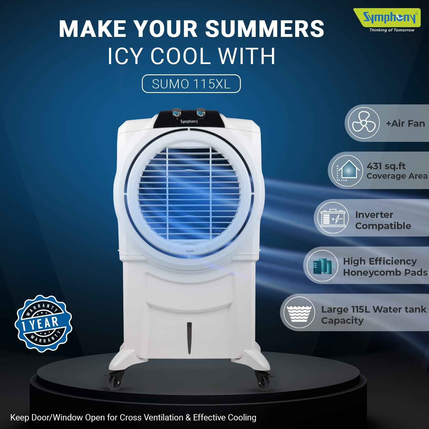 Symphony Sumo 115XL Desert Air Cooler for Home with Honeycomb Pads, Powerful +Air Fan and Cool Flow Dispenser (115L, White)