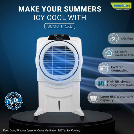 Symphony Sumo 115XL Desert Air Cooler for Home with Honeycomb Pads, Powerful +Air Fan and Cool Flow Dispenser (115L, White)