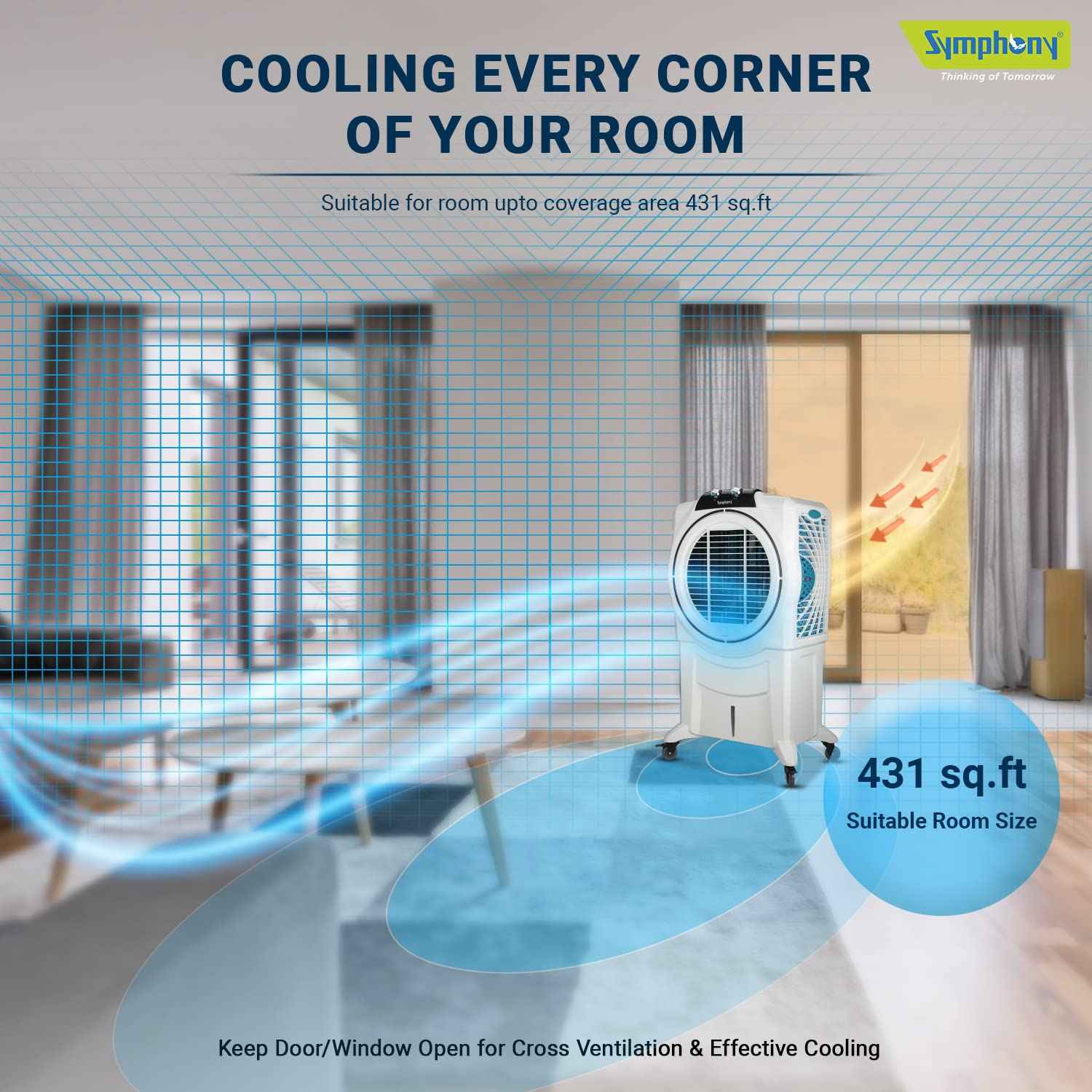 Symphony Sumo 115XL Desert Air Cooler for Home with Honeycomb Pads, Powerful +Air Fan and Cool Flow Dispenser (115L, White)