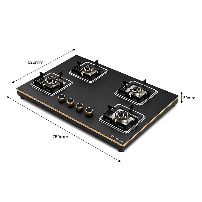 Sunshine Shine Gold 4 Burner | Glass Hob Top Cooktop | Auto Ignition | 10D Brass Burners | SABAF Italian Valves | LPG & PNG Compatible | Golden Finish | 10 Year Glass & Burner Warranty | Black