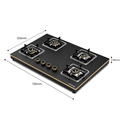 Sunshine Shine Gold 4 Burner | Glass Hob Top Cooktop | Auto Ignition | 10D Brass Burners | SABAF Italian Valves | LPG & PNG Compatible | Golden Finish | 10 Year Glass & Burner Warranty | Black