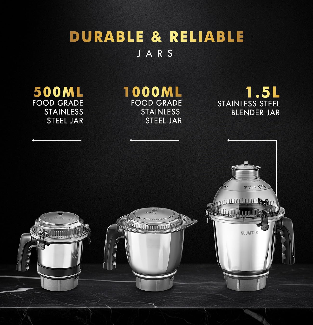 Sujata MG02 Mixer Grinder|1000 Watts Double Ball Bearing Motor|24000 RPM|Non-Stop 90 Mins Running|3 Food Grade Steel Jars including 1500ml Multipurpose, 1000ml Grinder, 500ml Chutney Jar| (Black) Kitchen Etto