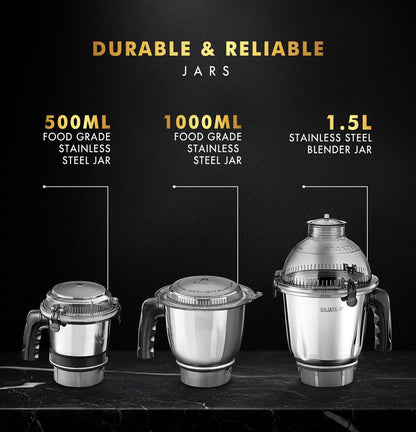 Sujata MG02 Mixer Grinder|1000 Watts Double Ball Bearing Motor|24000 RPM|Non-Stop 90 Mins Running|3 Food Grade Steel Jars including 1500ml Multipurpose, 1000ml Grinder, 500ml Chutney Jar| (Black) Kitchen Etto