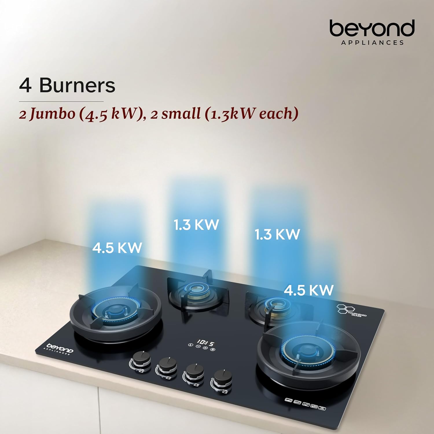 Beyond Appliances Zyra 4 Burner Smart Glass Hobtop Gas Stove | Auto Ignition | Digital Timer | Flame Failure Device | Toughened Glass | LPG & PNG Compatible HOB | PAN India Service Kitchen Etto