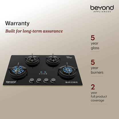 Beyond Appliances Altair Premium 4 Burner Smart Glass Hobtop Gas Stove | Auto Ignition | Digital Timer | Flame Failure Device | Jumbo Burner | Toughened Glass | LPG & PNG Compatible
