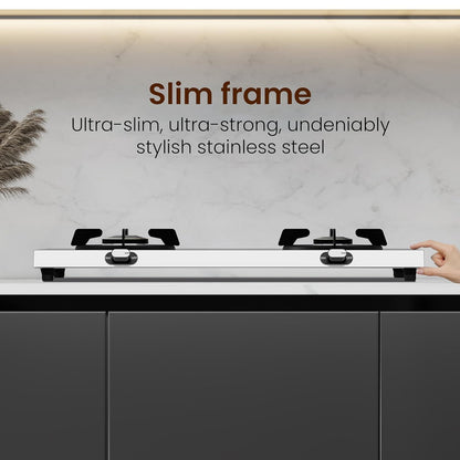 Sunshine Brio Falcon 2 Burner | Ultra Slim 2 Burner Stainless Steel Gas Stove | Ergonomic Knob, Brass Burner, 5G Technology | Manual Ignition, LPG Ready & PNG Compatible (Silver)
