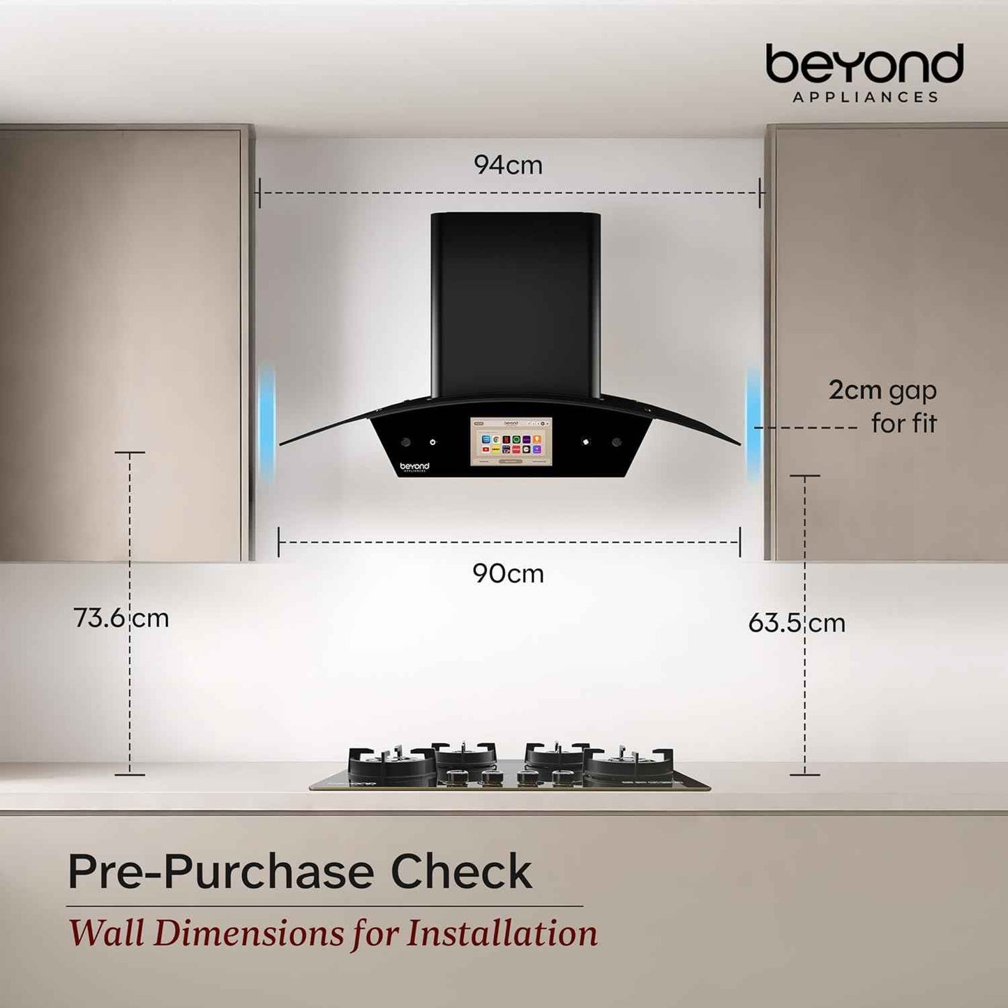 Beyond Appliances Asteria 90cm Auto Clean Kitchen Chimney | 1408 CMH Suction | Filterless | Curved Glass | Smart Screen & Speakers | Touch Control | Black Finish