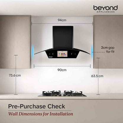 Beyond Appliances Asteria 90cm Auto Clean Kitchen Chimney | 1408 CMH Suction | Filterless | Curved Glass | Smart Screen & Speakers | Touch Control | Black Finish