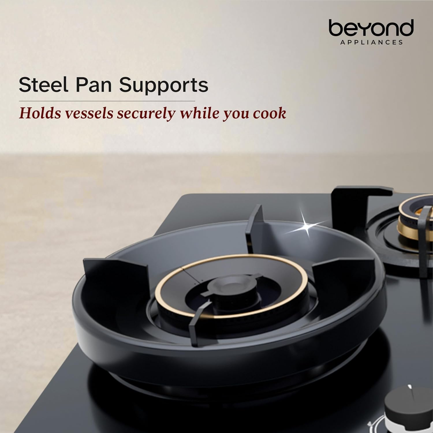 Beyond Appliances Zyra 4 Burner Smart Glass Hobtop Gas Stove | Auto Ignition | Digital Timer | Flame Failure Device | Toughened Glass | LPG & PNG Compatible HOB | PAN India Service Kitchen Etto