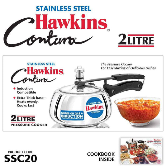 Hawkins 2 Litre Contura Pressure Cooker, Stainless Steel Inner Lid Cooker, Induction Cooker, Silver (SSC20)