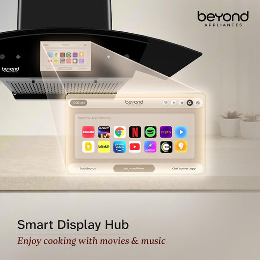 Beyond Appliances Asteria 90cm Auto Clean Kitchen Chimney | 1408 CMH Suction | Filterless | Curved Glass | Smart Screen & Speakers | Touch Control | Black Finish Kitchen Etto