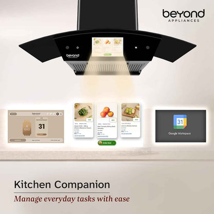 Beyond Appliances Asteria 90cm Auto Clean Kitchen Chimney | 1408 CMH Suction | Filterless | Curved Glass | Smart Screen & Speakers | Touch Control | Black Finish