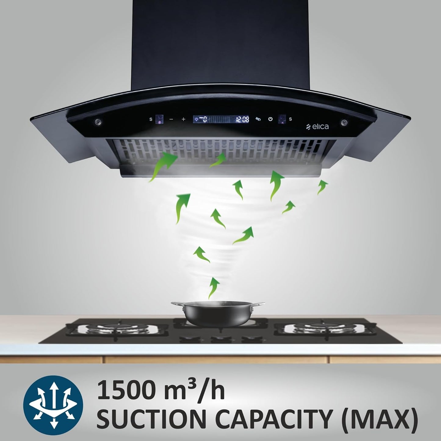 Elica 60cm 1500 m3/hr BLDC Filterless Autoclean Kitchen Chimney with 15 Years Motor & 5 Years Comprehensive Warranty | CURVE FL 600 BLDC HAC LTW MS NERO | RPM Display with Touch + Motion Sensor| Black