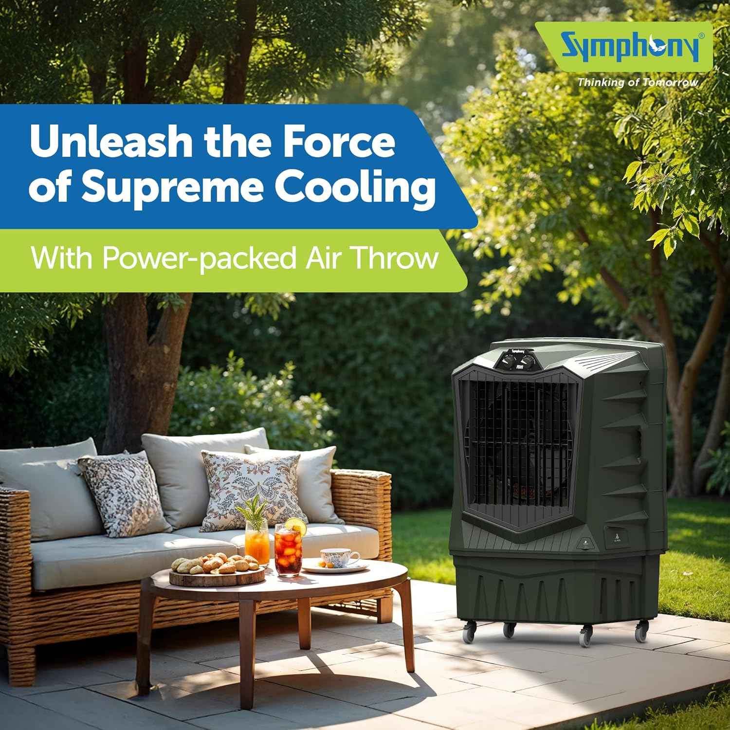 Symphony Air Force 120 Desert Air Cooler | Extra Powerful Air Throw | Robust, Weather resistant Body | Heavy Duty Air Cooler | 375W Energy-Efficient Cooling | Auto Louver | 1-Year Warranty