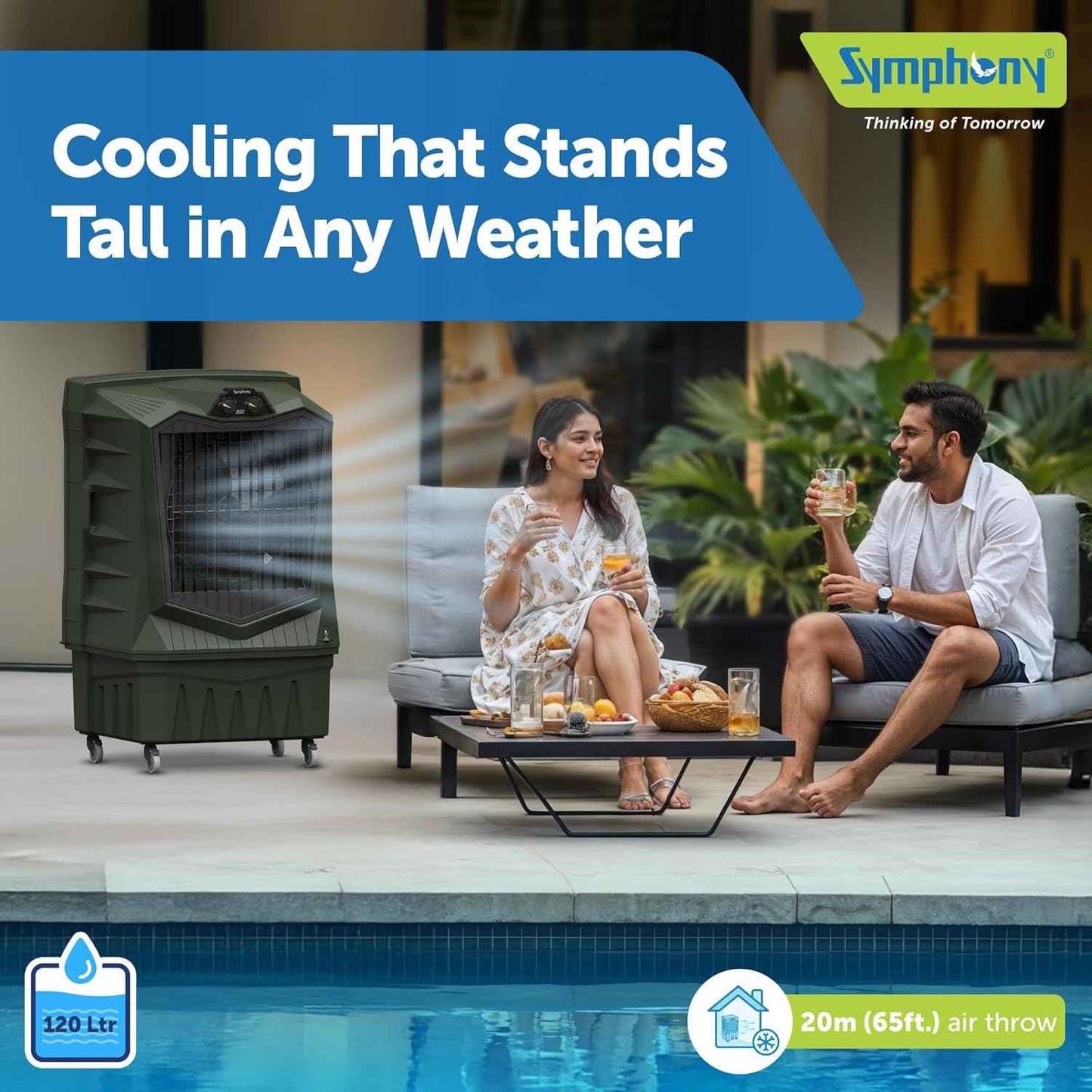 Symphony Air Force 120 Desert Air Cooler | Extra Powerful Air Throw | Robust, Weather resistant Body | Heavy Duty Air Cooler | 375W Energy-Efficient Cooling | Auto Louver | 1-Year Warranty