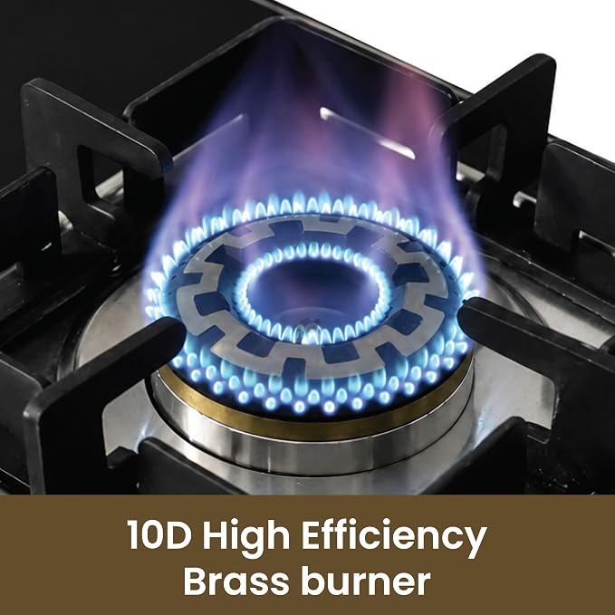 Sunshine Shine Gold 4 Burner | Glass Hob Top Cooktop | Auto Ignition | 10D Brass Burners | SABAF Italian Valves | LPG & PNG Compatible | Golden Finish | 10 Year Glass & Burner Warranty | Black
