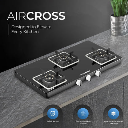 Sunshine Storm Aircross 3 Burner | Ultra Slimmest 3 Burner Gas Stove | Tempered Glass, Forged Brass Burner, 360°Rotating Brass Gas Nozzle | Manual Ignition | LPG Ready & PNG Compatible (Premium - Black)