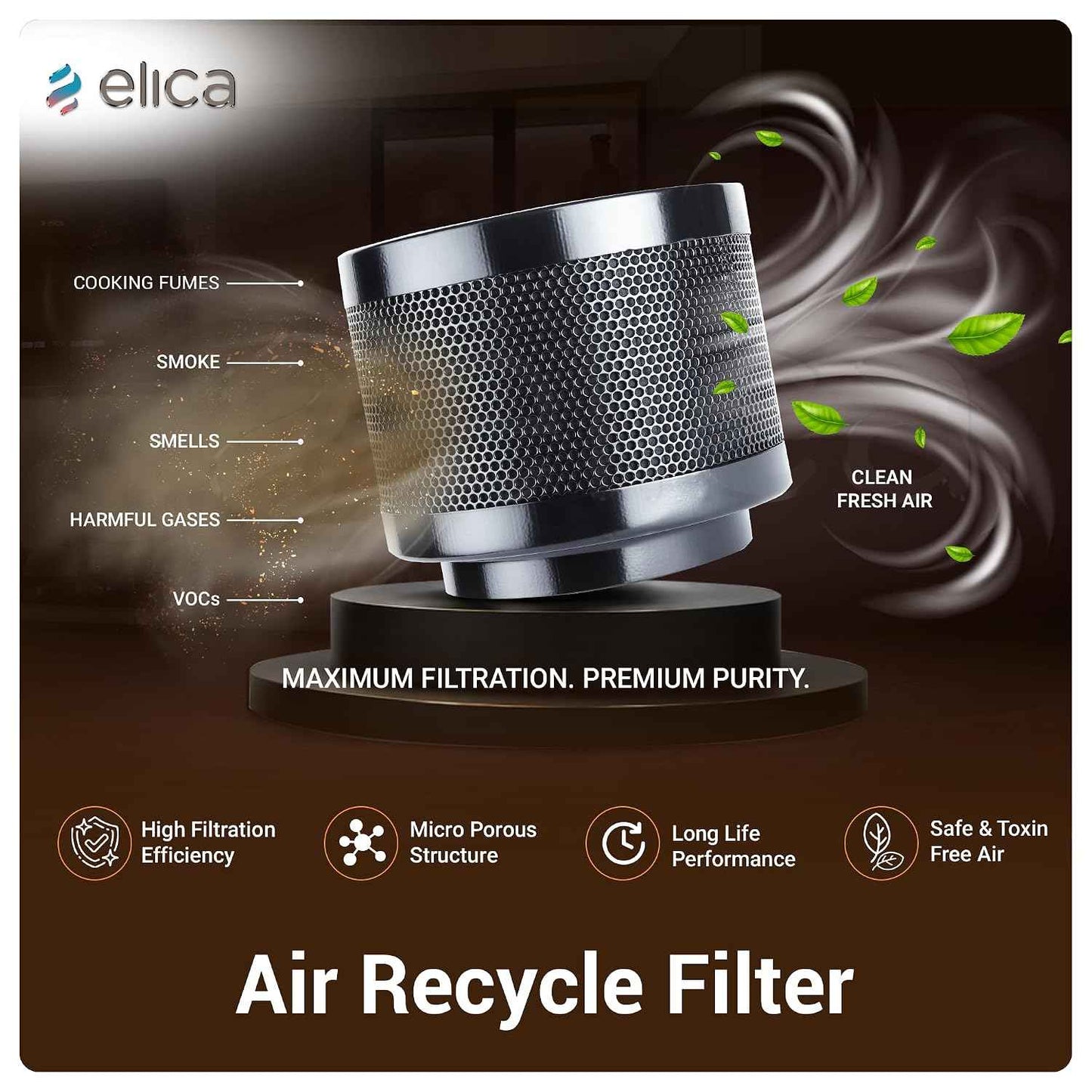 Elica Kitty Plug N Play 60cm 1250 m3/hr Ductless Autoclean Kitchen Chimney | Baffle + Air Recycle Filter | 15 Year Motor + 5 Yr Filter Warranty| 3-way Suction| 48db| RPM Display| Touch + Motion Sensor