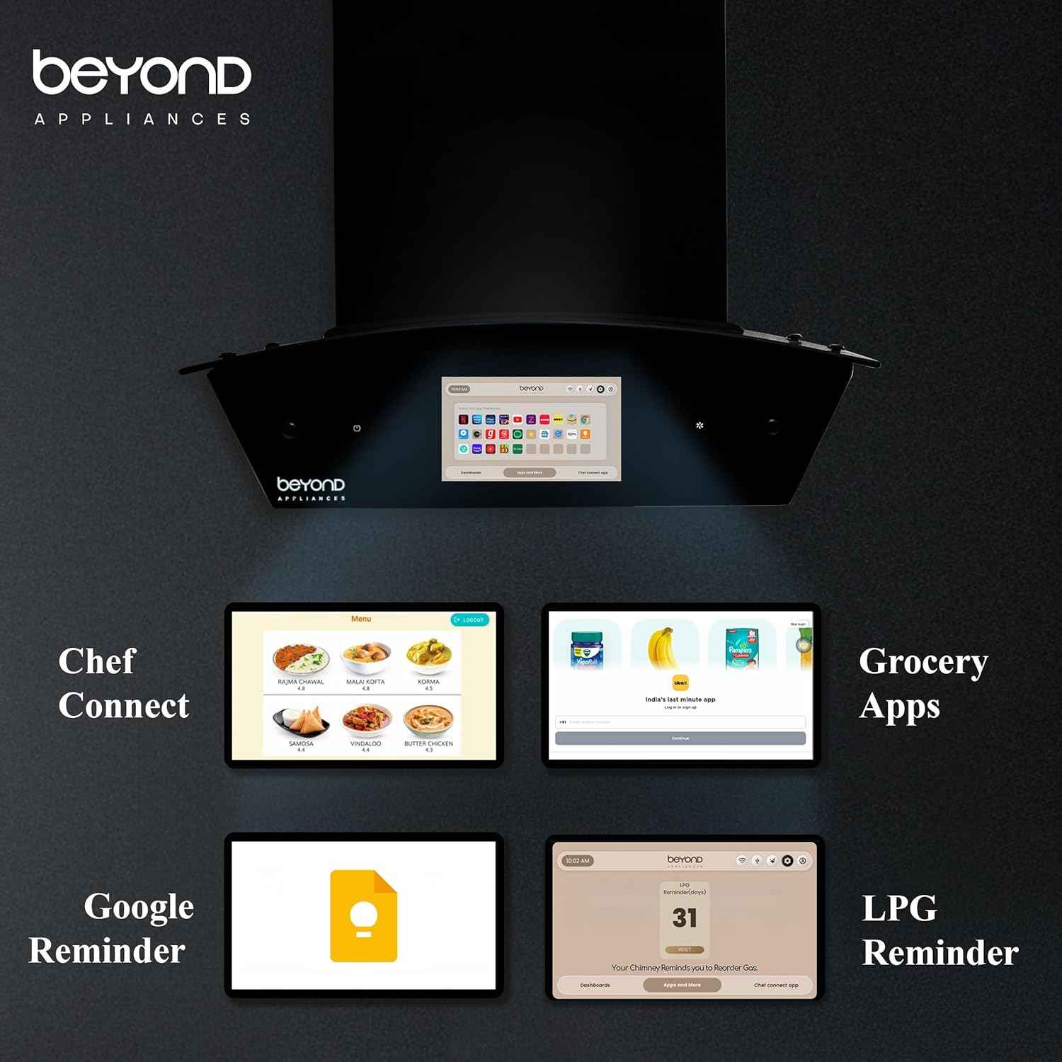 Beyond Appliances Asteria 60cm Auto Clean Kitchen Chimney | 1408 CMH Suction | Filterless | Curved Glass | Smart Screen & Speakers | Touch Control | Black Finish