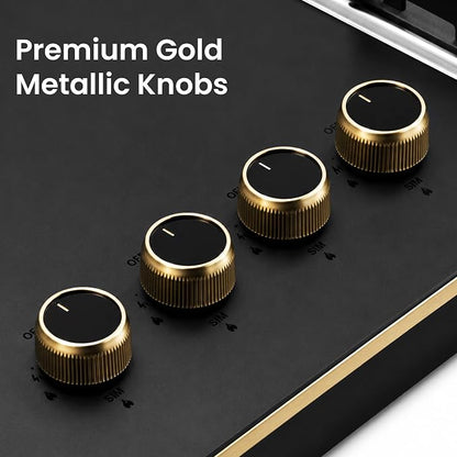 Sunshine Shine Gold 4 Burner | Glass Hob Top Cooktop | Auto Ignition | 10D Brass Burners | SABAF Italian Valves | LPG & PNG Compatible | Golden Finish | 10 Year Glass & Burner Warranty | Black