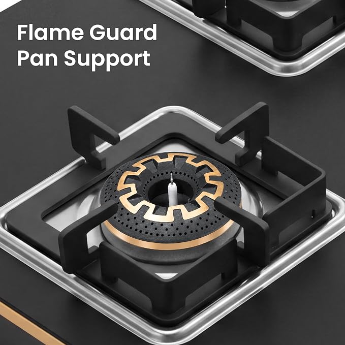 Sunshine Shine Gold 4 Burner | Glass Hob Top Cooktop | Auto Ignition | 10D Brass Burners | SABAF Italian Valves | LPG & PNG Compatible | Golden Finish | 10 Year Glass & Burner Warranty | Black