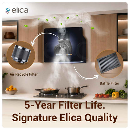 Elica Kitty Plug N Play 60cm 1250 m3/hr Ductless Autoclean Kitchen Chimney | Baffle + Air Recycle Filter | 15 Year Motor + 5 Yr Filter Warranty| 3-way Suction| 48db| RPM Display| Touch + Motion Sensor